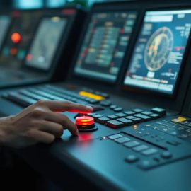 A man's finger about to push a red button in a sophisticated command center illustrates the threat of nuclear war