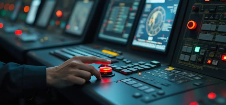 A man's finger about to push a red button in a sophisticated command center illustrates the threat of nuclear war