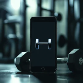 A cellphone with a dumbbell symbol on the screen, in front of an actual dumbbell at the gym, questioning whether fitness apps are worth it