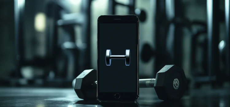 A cellphone with a dumbbell symbol on the screen, in front of an actual dumbbell at the gym, questioning whether fitness apps are worth it