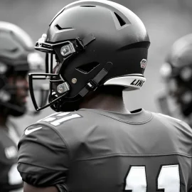 Black professional football players in black helmets and jerseys illustrate the problem of racism in the NFL