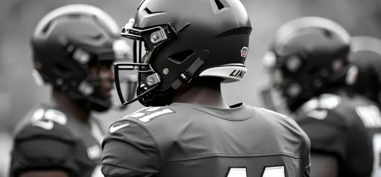 Black professional football players in black helmets and jerseys illustrate the problem of racism in the NFL