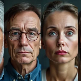 A split screen with faces of men and women of various ages illustrates what causes mental illness