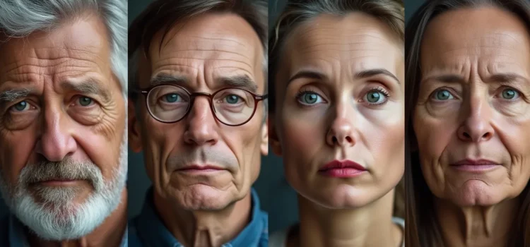 A split screen with faces of men and women of various ages illustrates what causes mental illness