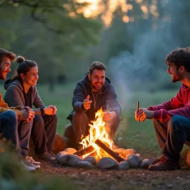 Four friends (three men and one woman) sitting around a campfire illustrates a sense of connectedness