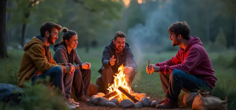 Four friends (three men and one woman) sitting around a campfire illustrates a sense of connectedness