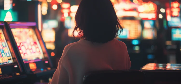 A woman in a casino with slot machines, showing why gambling is addictive