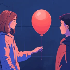 A happy woman giving a sad man a balloon as a way to boost someone's mood