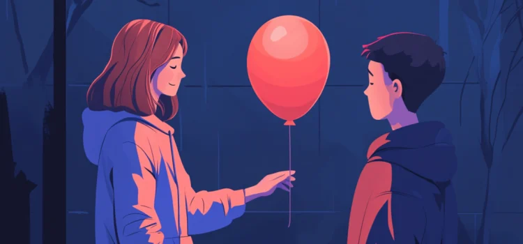 A happy woman giving a sad man a balloon as a way to boost someone's mood