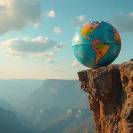 A globe teetering on the edge of a cliff in desert mountains illustrates existential threats to humanity