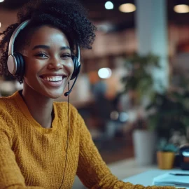 A woman working at a call center showing the importance of good customer service, smiling and helping someone with a computer in front of her