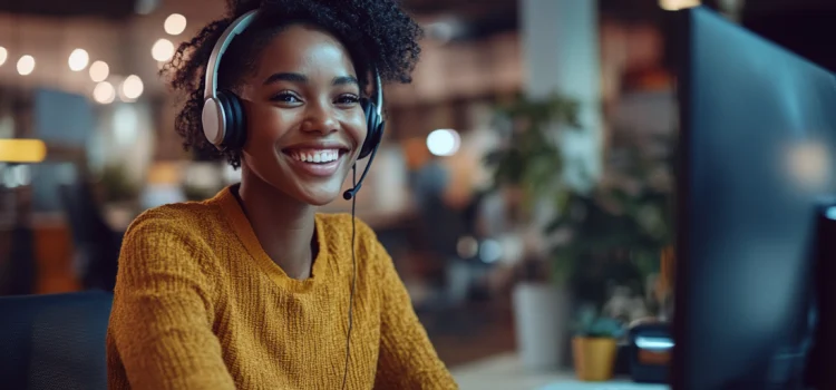 A woman working at a call center showing the importance of good customer service, smiling and helping someone with a computer in front of her