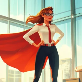 A female manager wearing a superhero cape in an office as a good management example