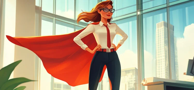 A female manager wearing a superhero cape in an office as a good management example