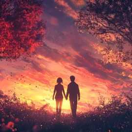 Two people who followed tips for good relationships, holding hands in a forest against a sunset