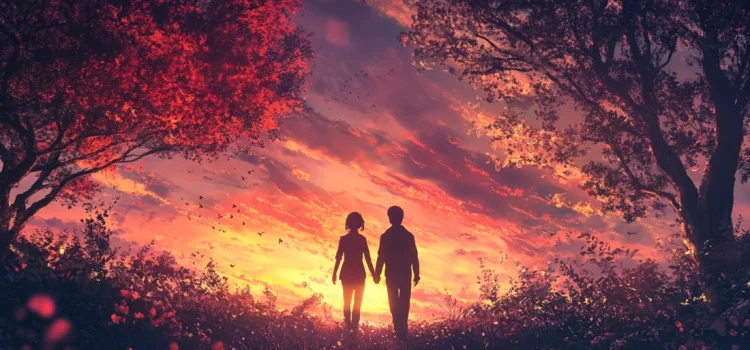 Two people who followed tips for good relationships, holding hands in a forest against a sunset