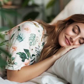 A woman demonstrating good sleep habits while asleep and smiling in bed