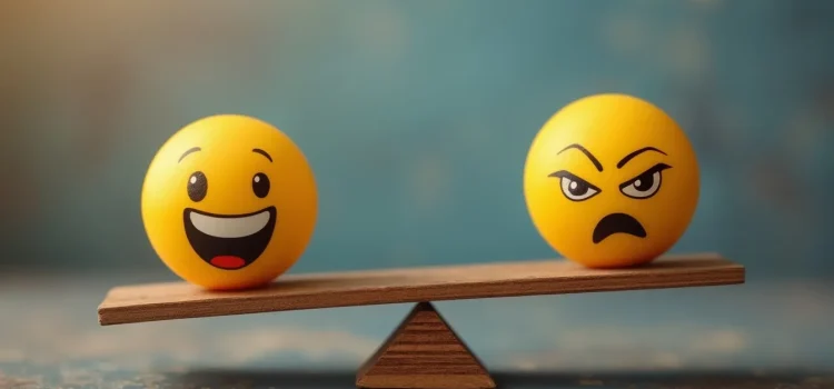 Balanced scales tipping back and forth between happy emojis and angry emojis illustrates cycles of society