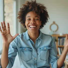 A smiling woman with expressive hands wearing a denim shirt by a bedroom window depicts how to connect with your true self