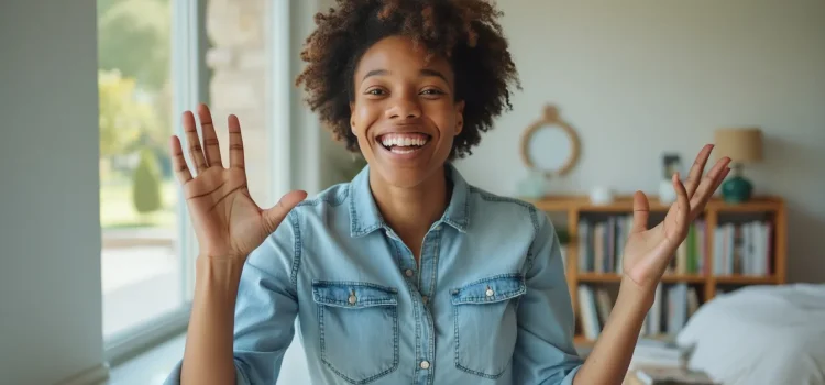 A smiling woman with expressive hands wearing a denim shirt by a bedroom window depicts how to connect with your true self