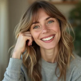 A smiling woman with blonde wavy hair and a grey sweater illustrates authentic womanhood