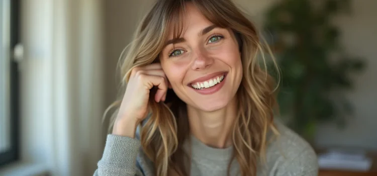 A smiling woman with blonde wavy hair and a grey sweater illustrates authentic womanhood