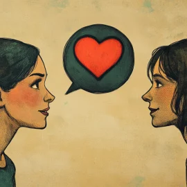 A woman with a heart bubble above her, talking to another woman and has stopped thinking negatively about others