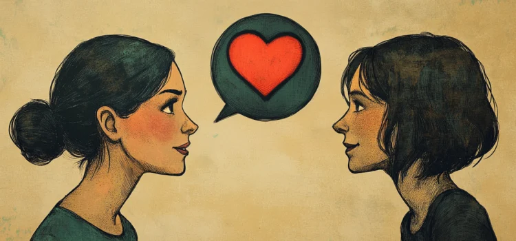 A woman with a heart bubble above her, talking to another woman and has stopped thinking negatively about others