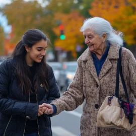 A young woman experiencing the benefits of helping others by walking an elderly woman across the street