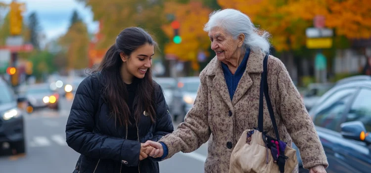 A young woman experiencing the benefits of helping others by walking an elderly woman across the street