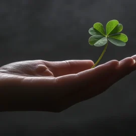 A hand holding a four-leaf clover, showing that they believe in luck