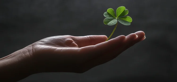 A hand holding a four-leaf clover, showing that they believe in luck