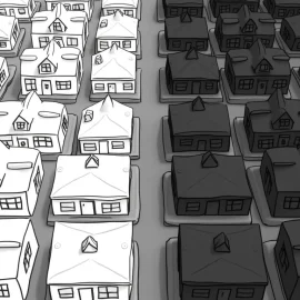 Housing segregation is illustrated by a drawing of white houses on the left and black houses on the right