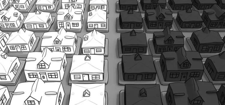 Housing segregation is illustrated by a drawing of white houses on the left and black houses on the right