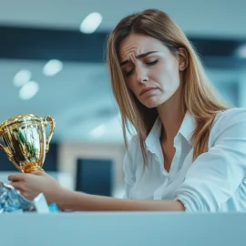 A woman experiencing the effects of imposter syndrome, throwing a trophy away in the trashcan at work