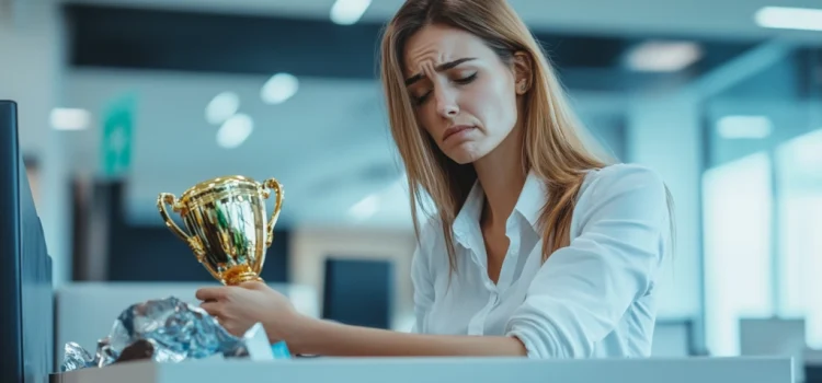 A woman experiencing the effects of imposter syndrome, throwing a trophy away in the trashcan at work