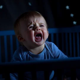 A baby crying at night in his crib as part of independent sleep training