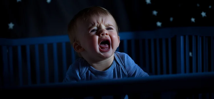 A baby crying at night in his crib as part of independent sleep training