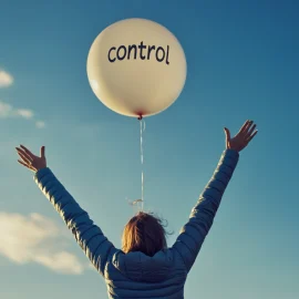 A woman outside letting go of a balloon that has the word "control" written on it, signifying accepting what you can't change