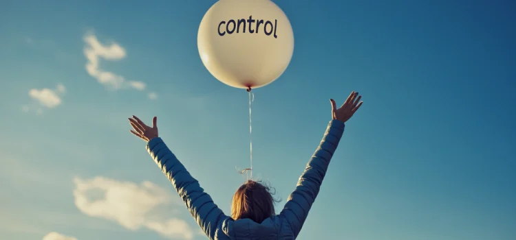 A woman outside letting go of a balloon that has the word "control" written on it, signifying accepting what you can't change