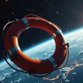 A life preserver in outer space floating toward Earth illustrates how to save humanity