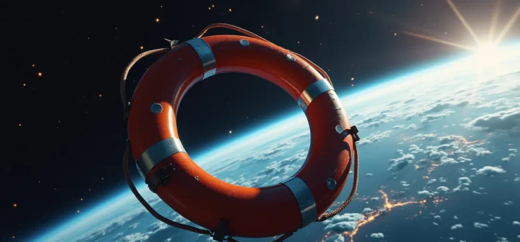 A life preserver in outer space floating toward Earth illustrates how to save humanity