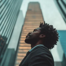 A man looking up skyscrapers in a city, wondering how to identify business opportunities