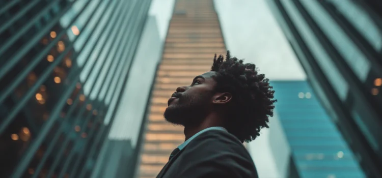 A man looking up skyscrapers in a city, wondering how to identify business opportunities