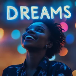 A woman glad she knows how to make her dreams come true, looking up and smiling with the word "DREAMS" in glowing letters above her