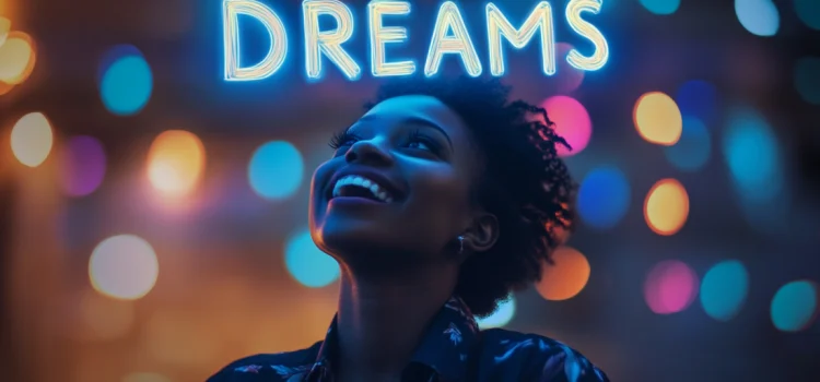 A woman glad she knows how to make her dreams come true, looking up and smiling with the word "DREAMS" in glowing letters above her