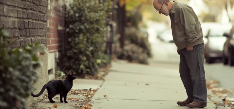 An older man on a sidewalk looking at a black cat, trying to avoid bad luck