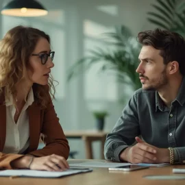 A professional man and woman having a serious discussion in a conference room illustrates asking for feedback at work