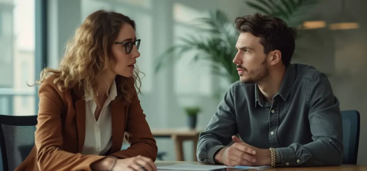 A professional man and woman having a serious discussion in a conference room illustrates asking for feedback at work