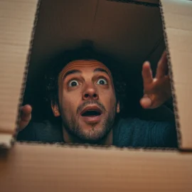 A man coming out of a cardboard box to signify the importance of creativity and play in adults